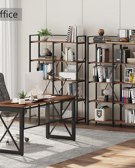 BON AUGURE Industrial Bookshelves and Bookcases, Farmhouse Large Book Shelves, 5 Tier Heavy Duty Open Bookcase, Tall Wood Metal Shelving Unit for Living Room, Bedroom, Office (Rustic Oak) - LeafyLoom