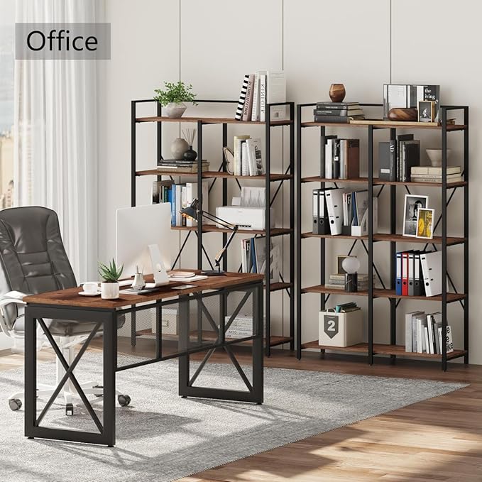 BON AUGURE Industrial Bookshelves and Bookcases, Farmhouse Large Book Shelves, 5 Tier Heavy Duty Open Bookcase, Tall Wood Metal Shelving Unit for Living Room, Bedroom, Office (Rustic Oak) - LeafyLoom