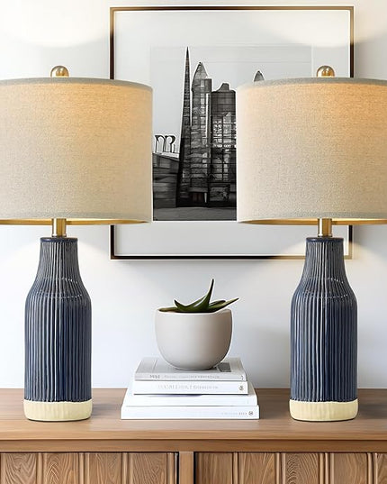 23.75" Modern Blue Ceramic Table Lamp Set of 2 for Living Room, Farmhouse Bedside Nightstand Lamp for Bedroom Home Office Dorm - LeafyLoom