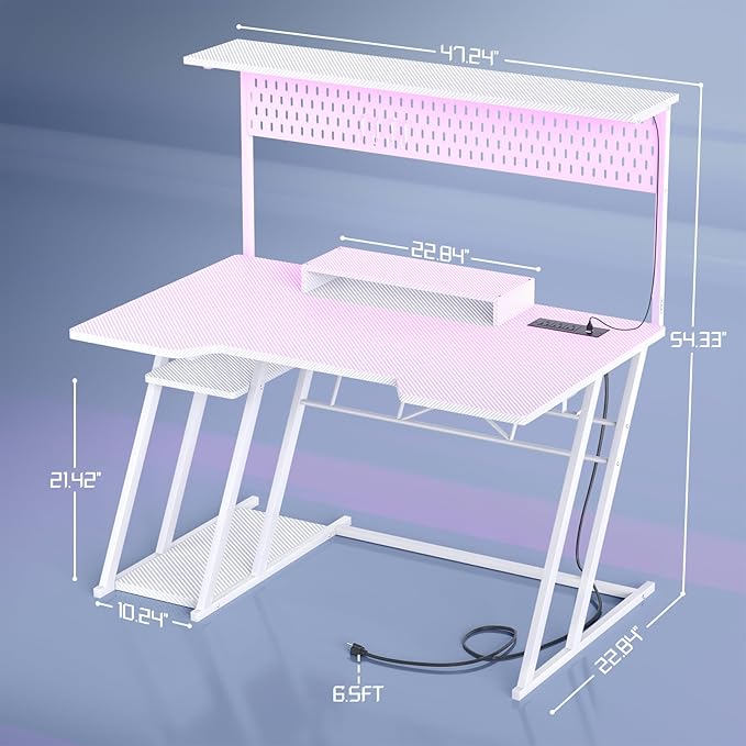 Gaming Computer Desk with Storage Shelves & Z-Shaped Legs, White Gaming Desk with Hutch and LED Lights, Reversible PC Gaming Desk with Pegboard for Bedroom & Small Spaces, Carbon Fiber Surface, 47'' - LeafyLoom