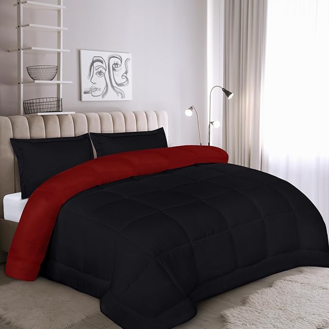 Utopia Bedding King Size Comforter Set with 2 Pillow Shams, Bedding Comforter Sets, Down Alternative Reversible Black/Red Comforter, Soft and Comfortable, Machine Washable - LeafyLoom