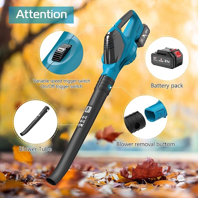 Leaf Blower Cordless with Battery and Charger, 21V Brushless 8000mAh 5 Speeds Adjustable Cordless Battery Powered Blower for Lawn Care, Electric Leaf Blower Cordless with 2 Batteries Cordless Blower - LeafyLoom