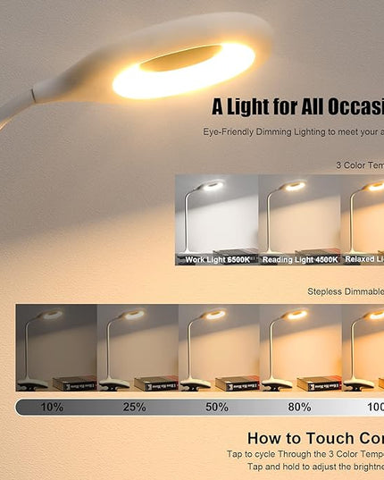 DEEPLITE LED Desk Lamp Clip on Lamp Battery Powered Clip on Light Book Light for Bed, Eye-Caring Flexible Arm Memory Touch 3 Color Modes & Stepless Brightness Portable Reading Light for Study Work. - LeafyLoom