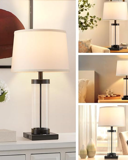Nightstand Table Lamps for Bedrooms Set of 2 - 3 Way Dimmable Touch Bedside Lamps with USB C+A & Outlets, Black Living Room Lamps with Glass Body for End Tables, Modern Night Stand Lamps for Bedside - LeafyLoom