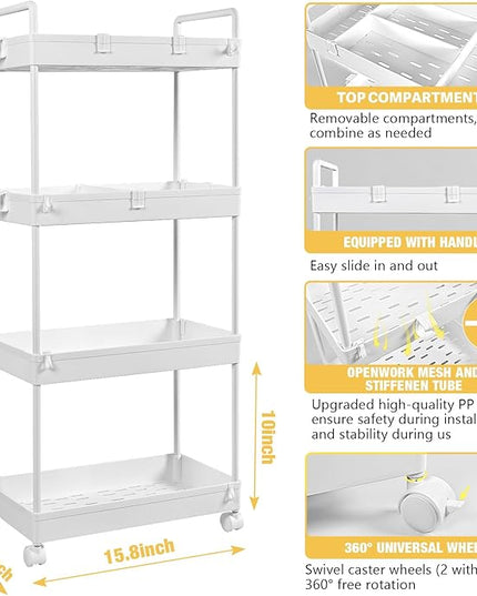 AROGAN Rolling Storage Cart with Wheels, 4 Tier Bathroom Storage Cart Laundry Room Organizer, Rolling Utility Cart for Kitchen, Bathroom, Laundry Room, Office, Narrow Place (White) - LeafyLoom