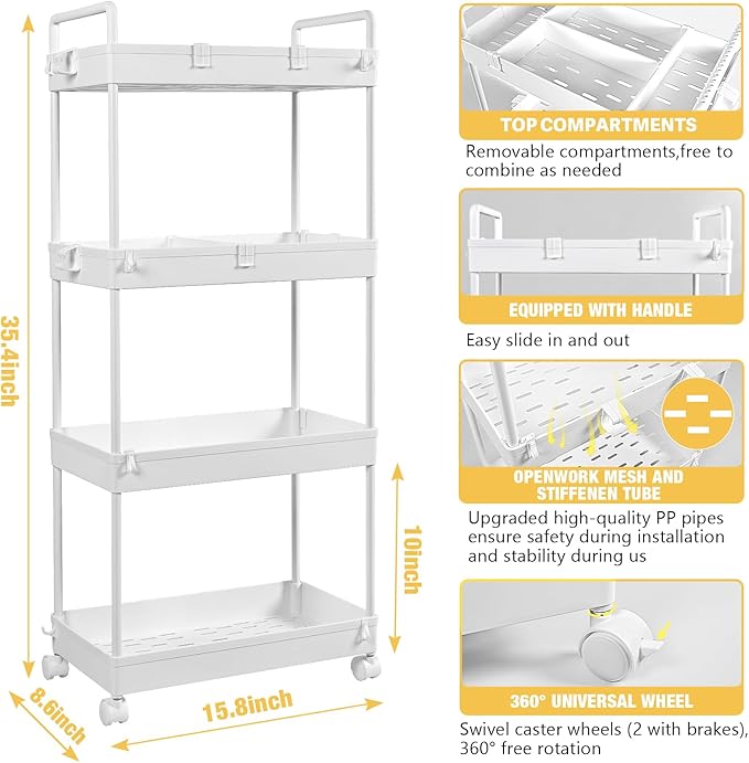 AROGAN Rolling Storage Cart with Wheels, 4 Tier Bathroom Storage Cart Laundry Room Organizer, Rolling Utility Cart for Kitchen, Bathroom, Laundry Room, Office, Narrow Place (White) - LeafyLoom
