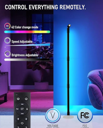 LEONLITE LED Corner Floor Lamp with Spotlight, 360° RGBW Floor Lamp with Music Sync, Remote Control for Reading, Living Rooms, Bedrooms, Desktop - LeafyLoom