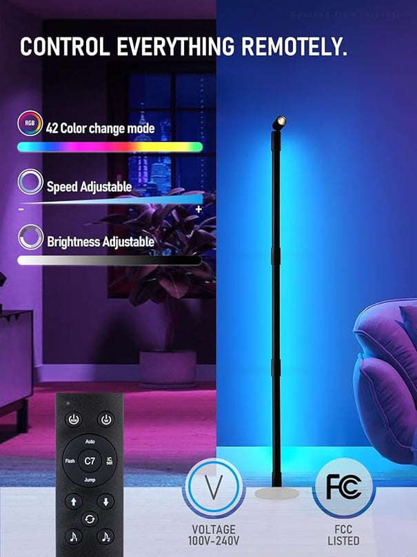 LEONLITE LED Corner Floor Lamp with Spotlight, 360° RGBW Floor Lamp with Music Sync, Remote Control for Reading, Living Rooms, Bedrooms, Desktop - LeafyLoom