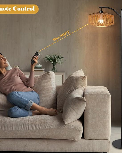 Floor Lamp with Remote, Rope Standing Lamps with LED Bulb, Boho Farmhouse Tall Pole Lamp with 3 Color Temperatures, Modern Black Floor Lamp for Living Room Bedroom Office Study - LeafyLoom