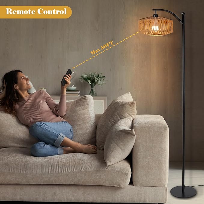 Floor Lamp with Remote, Rope Standing Lamps with LED Bulb, Boho Farmhouse Tall Pole Lamp with 3 Color Temperatures, Modern Black Floor Lamp for Living Room Bedroom Office Study - LeafyLoom