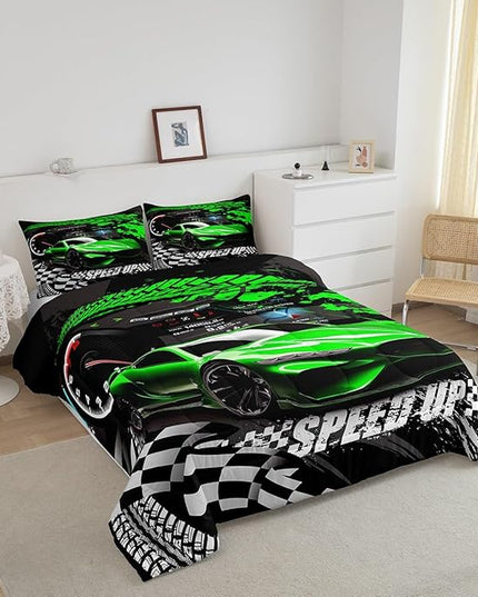 Feelyou Kids Boys Girls Race car Comforter Full Size, Green Race Car Buffalo Plaid Comforter Set for Teens Toddler Sports Car Bedding Set Racing Car Duvet Set Bed Set Room Decor Bedding Collection - LeafyLoom
