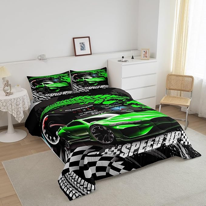 Feelyou Kids Boys Girls Race car Comforter Full Size, Green Race Car Buffalo Plaid Comforter Set for Teens Toddler Sports Car Bedding Set Racing Car Duvet Set Bed Set Room Decor Bedding Collection - LeafyLoom