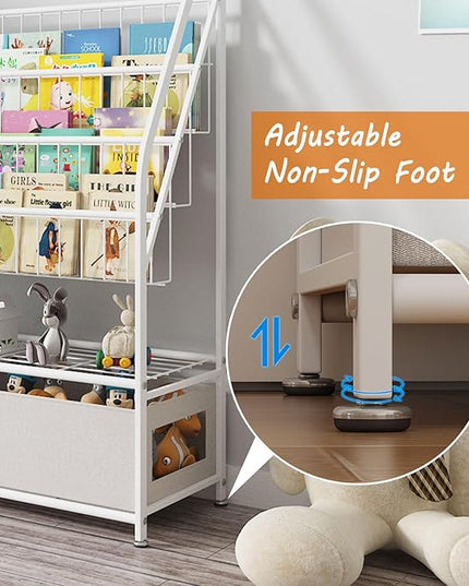 Large Kids Bookshelf With 2 Storage Box, 5 Tier Metal Kids Bookcases Children's Toy Storage Rack, Book Unit Storage Shelf for Playroom Bedroom Study Room, Idea Gifts for Boys and Girls KDSJ2305-White - LeafyLoom