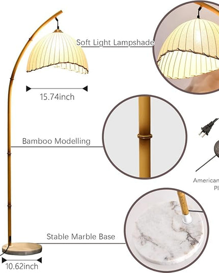 Vintage Bamboo Floor Lamp, Unique Bohemian Arc Floor Lamp, Vine Style, Restaurant Vertical Light, Farmhouse Study Living Room, Marble Base Light Living Room Corner - LeafyLoom
