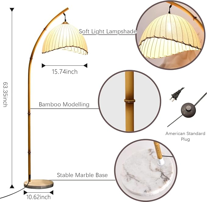 Vintage Bamboo Floor Lamp, Unique Bohemian Arc Floor Lamp, Vine Style, Restaurant Vertical Light, Farmhouse Study Living Room, Marble Base Light Living Room Corner - LeafyLoom