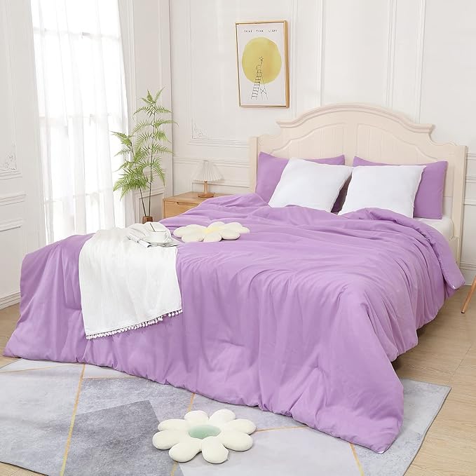Lavender Purple Comforter King Size, Modern Bedding Set for Girls/Women, Cute Soft & Lightweight Chic Microfiber Bed Sets, 3 pcs-1 Comforter & 2 Pillowcases (104"x90") - LeafyLoom