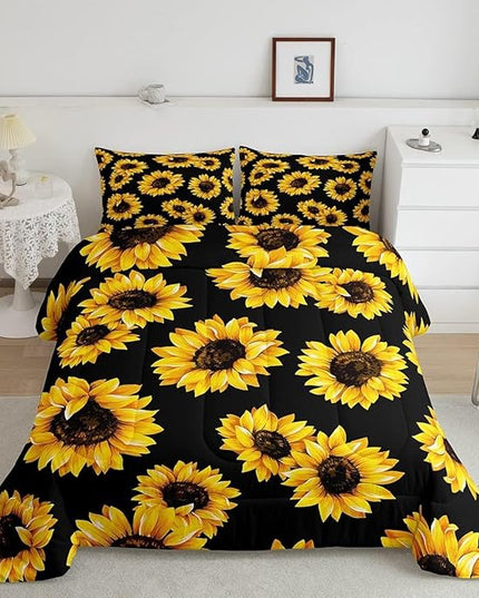 Erosebridal Yellow Sunflowers Bedding Black Yellow Comforter Set Gold Yellow Sunflowers Printed Luxury Black Boys Girls Bedding Sets Twin 1 Down Comforter 2 Pillowcases (King, Black Sunflowers) - LeafyLoom