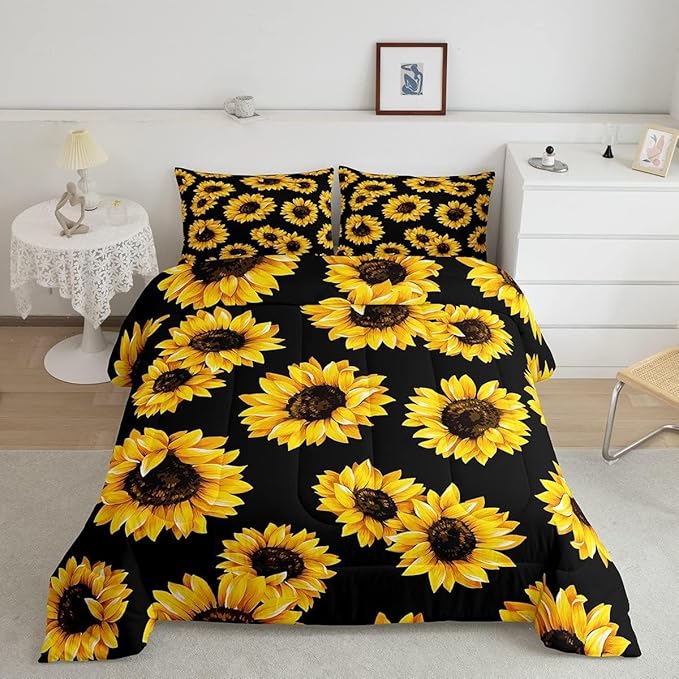 Erosebridal Yellow Sunflowers Bedding Black Yellow Comforter Set Gold Yellow Sunflowers Printed Luxury Black Boys Girls Bedding Sets Twin 1 Down Comforter 2 Pillowcases (King, Black Sunflowers) - LeafyLoom