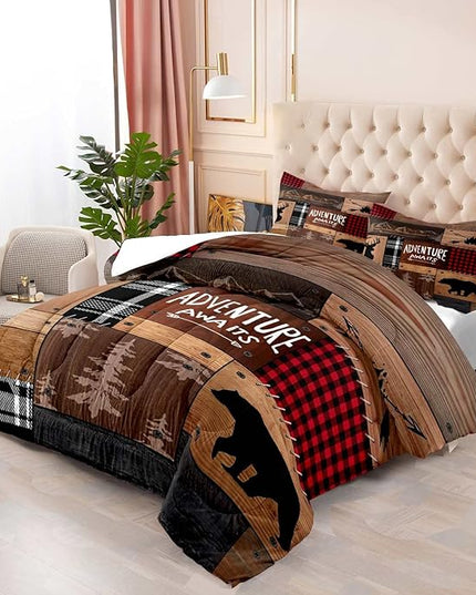 LUVIVIHOME 3PCS Rustic Cabin Comforter Set Queen Size, Farmhouse Bedding, Black Bear Deer Elk Moose Forest Animal Wildlife Hunting Country Brown Patchwork White Red Plaid Lodge Quilt, 2 Pillow Shams - LeafyLoom