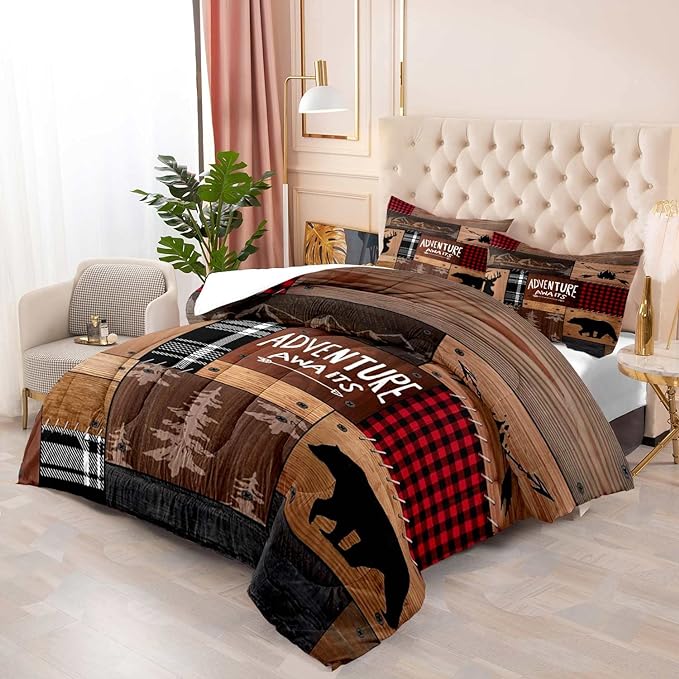 LUVIVIHOME 3PCS Rustic Cabin Comforter Set Queen Size, Farmhouse Bedding, Black Bear Deer Elk Moose Forest Animal Wildlife Hunting Country Brown Patchwork White Red Plaid Lodge Quilt, 2 Pillow Shams - LeafyLoom