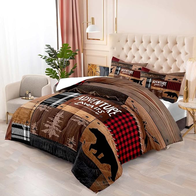LUVIVIHOME 3PCS Rustic Cabin Comforter Set Full Size, Farmhouse Bedding, Black Bear Deer Elk Moose Forest Animal Wildlife Hunting Country Brown Patchwork White Red Plaid Lodge Quilt, 2 Pillow Shams - LeafyLoom