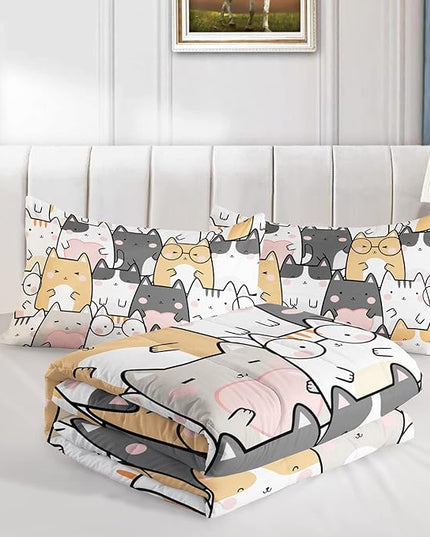 Kawaii Cat Comforter Queen Size,Cats Comforter Set for Kids Teens Girls Boys,3Pcs Bedding Set Printed Comforter with 2 Pillowcases,Down Alternative,Soft and Lightweight，Queen Size - LeafyLoom