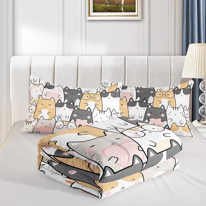 Kawaii Cat Comforter Queen Size,Cats Comforter Set for Kids Teens Girls Boys,3Pcs Bedding Set Printed Comforter with 2 Pillowcases,Down Alternative,Soft and Lightweight，Queen Size - LeafyLoom