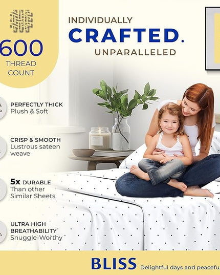 THREAD SPREAD 100% Egyptian Cotton Printed Bed Sheets - 600 Thread Count 3 PC Twin Sheet Set, Hotel Luxury Sateen Bedsheets, 16" Deep Pocket Soft Cooling Sheets for Twin Size Bed - Polka Dot - Navy - LeafyLoom