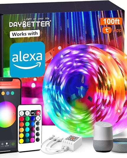 DAYBETTER Smart WiFi Led Lights 100ft, Tuya App Controlled Led Strip Lights, Work with Alexa and Google Assistant, Timer Schedule, Color Changing Led Lights for Bedroom Party Kitchen DAYBETTER
