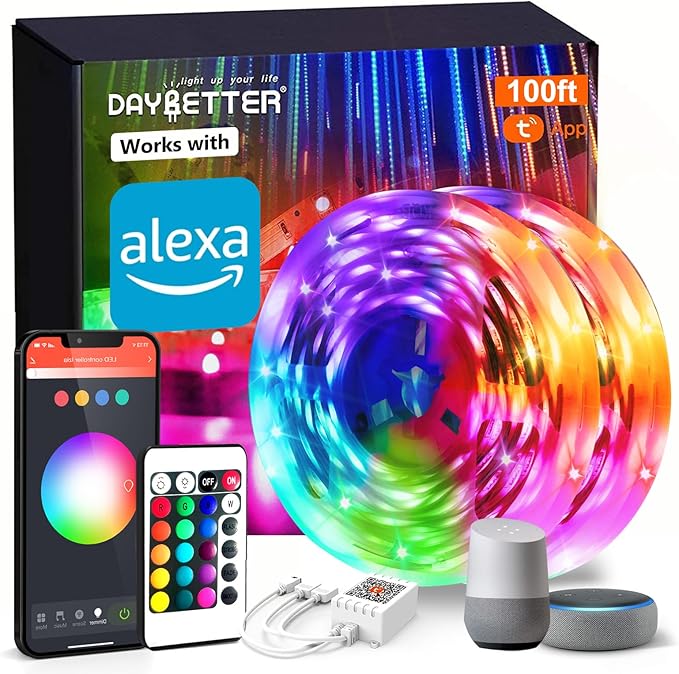 DAYBETTER Smart WiFi Led Lights 100ft, Tuya App Controlled Led Strip Lights, Work with Alexa and Google Assistant, Timer Schedule, Color Changing Led Lights for Bedroom Party Kitchen DAYBETTER