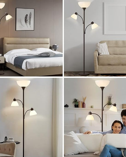 Luvkczc Torchiere Floor Lamps for Living Room with 2 Reading Lamps, Modern Tall Standing Lamps, Industrial Bright Floor Lamp for Bedroom, Office, Dresser, 3 LED Bulbs Included - LeafyLoom