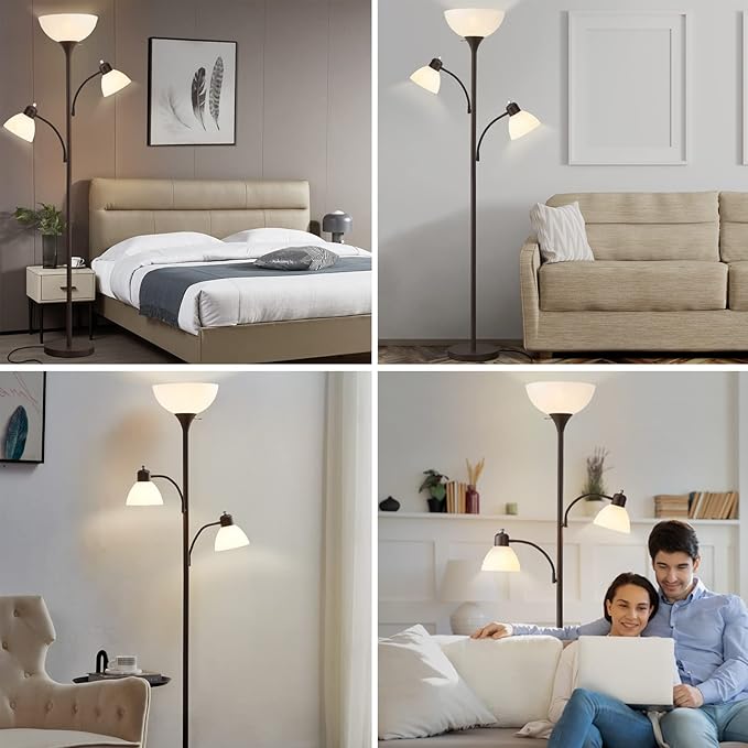 Luvkczc Torchiere Floor Lamps for Living Room with 2 Reading Lamps, Modern Tall Standing Lamps, Industrial Bright Floor Lamp for Bedroom, Office, Dresser, 3 LED Bulbs Included - LeafyLoom