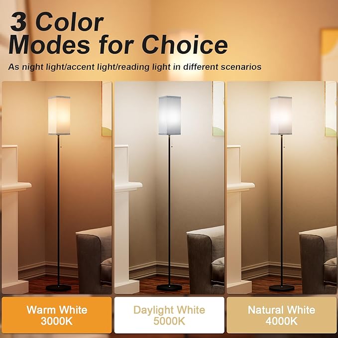 Grey Floor Lamp for Bedroom Modern - 3 Color Temperature Black Standing Lamps with Pull Chain Switch, Tall Lamp for Office Home Nursery and Hotel, Pole Lamp for Reading - LeafyLoom
