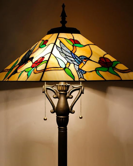 Tiffany Floor Lamp Mission Style Stained Glass Standing Reading Light 16X16X64 Inch Amber Hummingbird - LeafyLoom