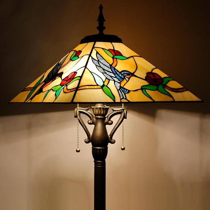 Tiffany Floor Lamp Mission Style Stained Glass Standing Reading Light 16X16X64 Inch Amber Hummingbird - LeafyLoom