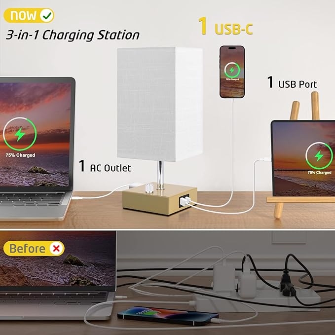 Small Table Lamp Set of 2 - Fully Dimmable Bedside Lamp for Bedroom Kids with USB C+A Ports & AC Outlet, Gold Nightstand Lamp for Home Office. Square Beige Fabric Shade Metal Base(LED Blubs Included). - LeafyLoom