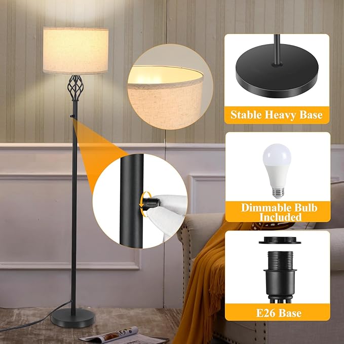 Floor Lamps for Living Room, Standing Lamp, Modern Floor lamp with Linen Shade, Rotary Switch, LED Bulb Included(10W 1000LM), Stepless Dimmable Floor Lamp for Bedroom, Reading Tall Lamp for Office - LeafyLoom