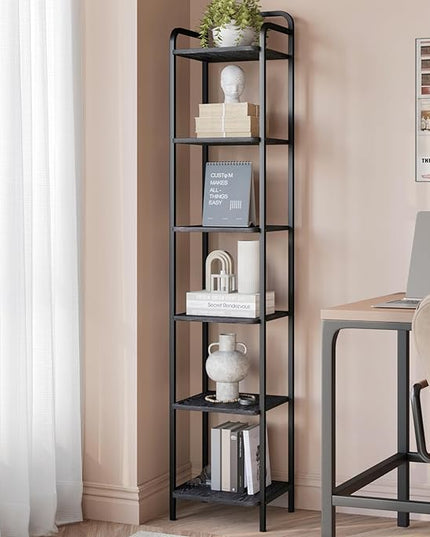 Bookcase Bookshelf, Narrow Book Shelf, Industrial Coner Shelf Storage Organizer, Slim Shelving Unit for Home Office, Living Room, Bedroom, Kitchen, 6-Tier Black BC24604B - LeafyLoom