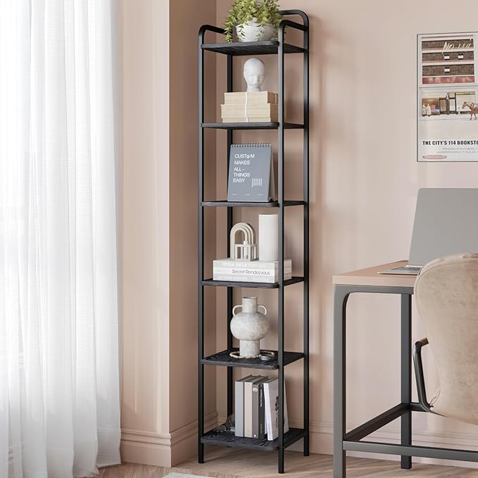 Bookcase Bookshelf, Narrow Book Shelf, Industrial Coner Shelf Storage Organizer, Slim Shelving Unit for Home Office, Living Room, Bedroom, Kitchen, 6-Tier Black BC24604B - LeafyLoom