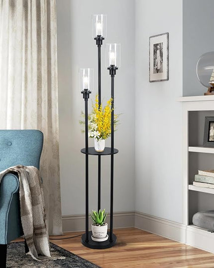 HMVPL Floor Lamps for Living Room, 3-Lights Modern Floor Lamp with Shelves, Farmhouse Standing Lamp with Glass Shades, On/Off Foot Switch, Black Industrial Tall Lamp for Bedroom Office Corner(66") - LeafyLoom