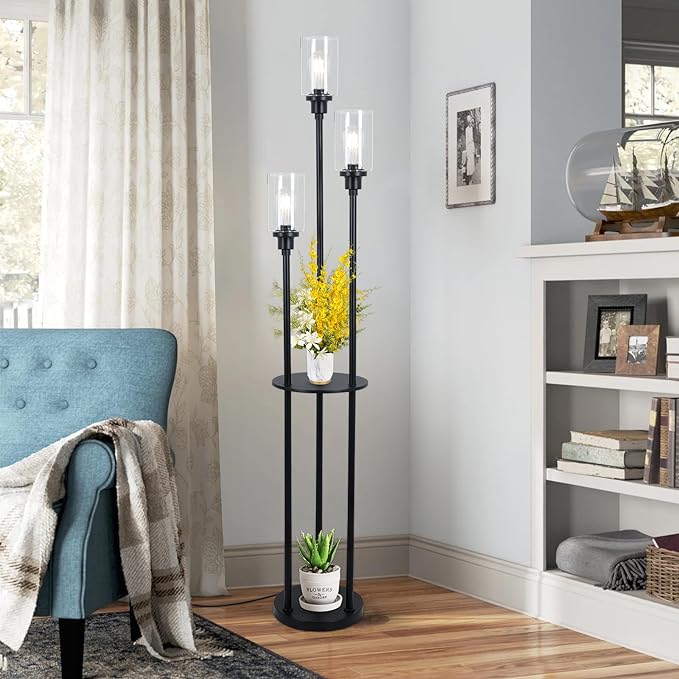 HMVPL Floor Lamps for Living Room, 3-Lights Modern Floor Lamp with Shelves, Farmhouse Standing Lamp with Glass Shades, On/Off Foot Switch, Black Industrial Tall Lamp for Bedroom Office Corner(66") - LeafyLoom