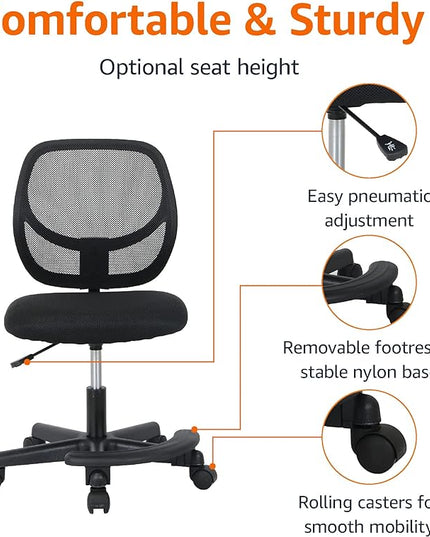 Amazon Basics Kids Adjustable Mesh Low-Back Swivel Study Desk Chair with Footrest, Black - LeafyLoom