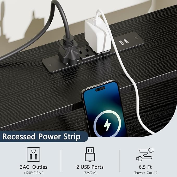 Computer Desk with Power Outlets & LED Lights, Gaming Desk with 5 Fabric Drawers for Bedroom, 55 Inch Home Office Desk with Monitor Stand & Storage Shelves for Working, Black - LeafyLoom
