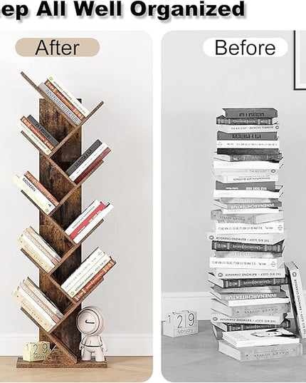 Function Home 9 Tier Tree Bookshelf, Modern Tall Geometric Bookcase, Freestanding Book Shelf, Wood Floor Storage Shelf for Living Room, Bedroom, Home Office,Rustic Brown - LeafyLoom