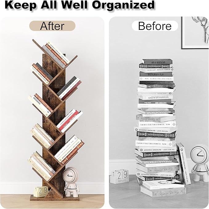 Function Home 9 Tier Tree Bookshelf, Modern Tall Geometric Bookcase, Freestanding Book Shelf, Wood Floor Storage Shelf for Living Room, Bedroom, Home Office,Rustic Brown - LeafyLoom
