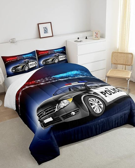 Erosebridal Police Car Comforter Sets Twin Size,Policeman Vehicle Bedding Set for Kids Boys Children,Red Blue Cop Lights Down Comforter Geometric Graphics Duvet Sets Bedroom Decor with 1 Pillow Case - LeafyLoom