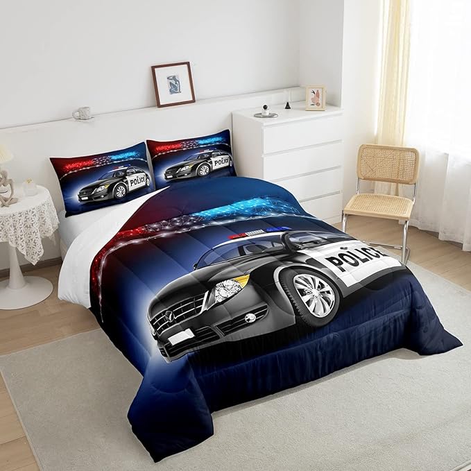Erosebridal Police Car Comforter Sets Twin Size,Policeman Vehicle Bedding Set for Kids Boys Children,Red Blue Cop Lights Down Comforter Geometric Graphics Duvet Sets Bedroom Decor with 1 Pillow Case - LeafyLoom