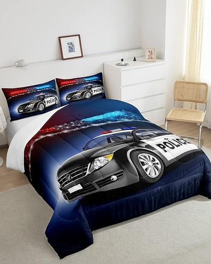 Erosebridal Police Car Comforter Sets Queen Size,Policeman Vehicle Bedding Set For Kids Boys Children,Red Blue Cop Lights Down Comforter Geometric Graphics Duvet Sets Bedroom Decor With 2 Pillow Cases - LeafyLoom