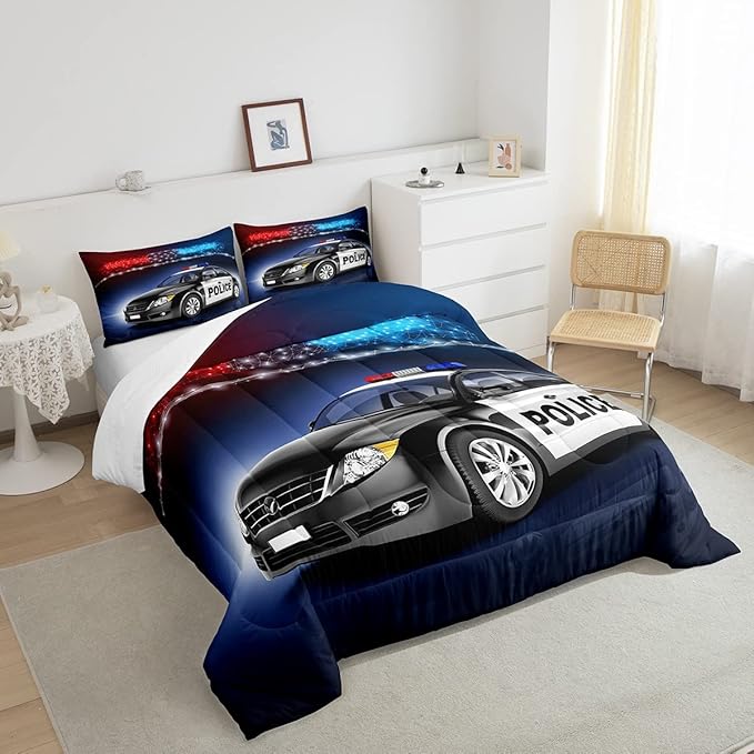 Erosebridal Police Car Comforter Sets Queen Size,Policeman Vehicle Bedding Set For Kids Boys Children,Red Blue Cop Lights Down Comforter Geometric Graphics Duvet Sets Bedroom Decor With 2 Pillow Cases - LeafyLoom