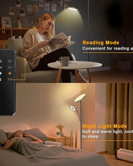 LED Floor Lamp, 4300LM 42W Bright Standing Lamp with Gooseneck Reading Light, 2700K-6500K Stepless Dimming Modern Torchiere Lamp with Remote/Touch Control, 69" Tall Lamp for Living Room Bedroom Office - LeafyLoom